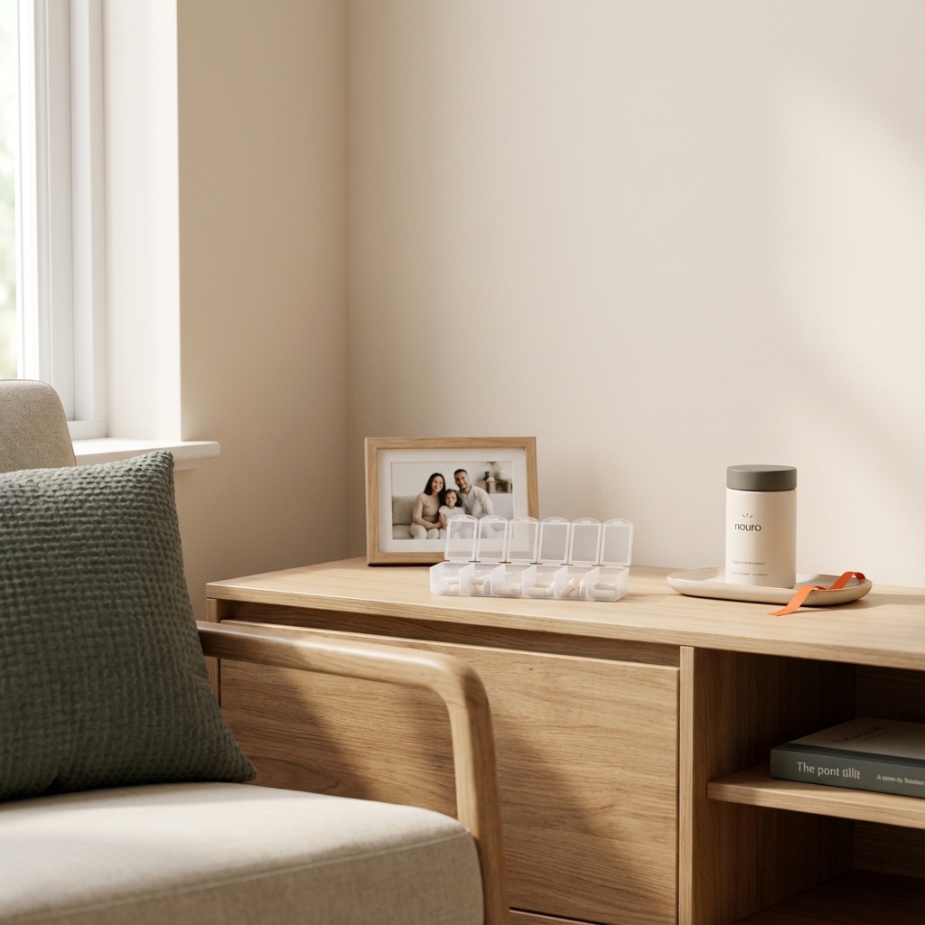 Minimalist living room corner with pill organizer, framed family photo, and Tonum supplement bottle on a tray suggesting Alzheimer's warning signs and practical memory-care routine.