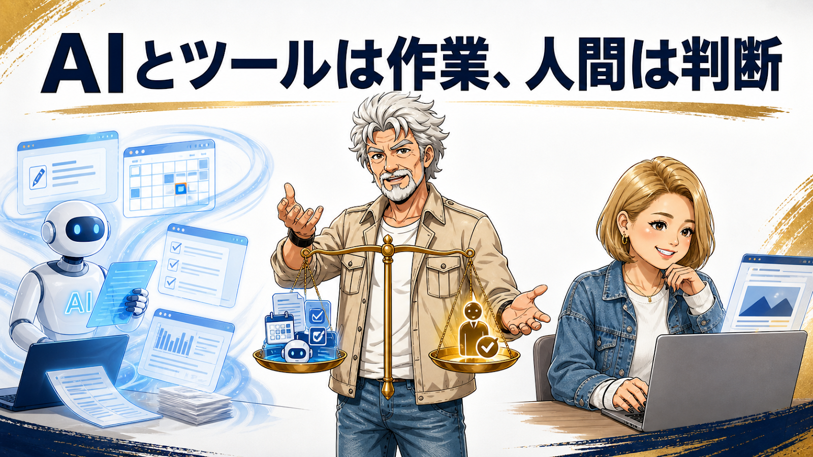 ジョセGと起業おかんがAIとツールに任せる作業と人間が判断する役割を示す
