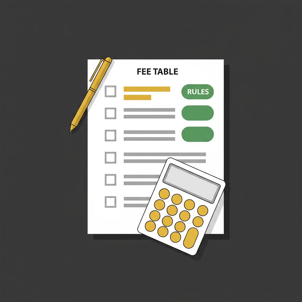 Top down minimalist 2D vector of a desk with a pre trade checklist represented by checkboxes fee table spreads and withdrawal rules beside a pen and blank calculator how do i start trading