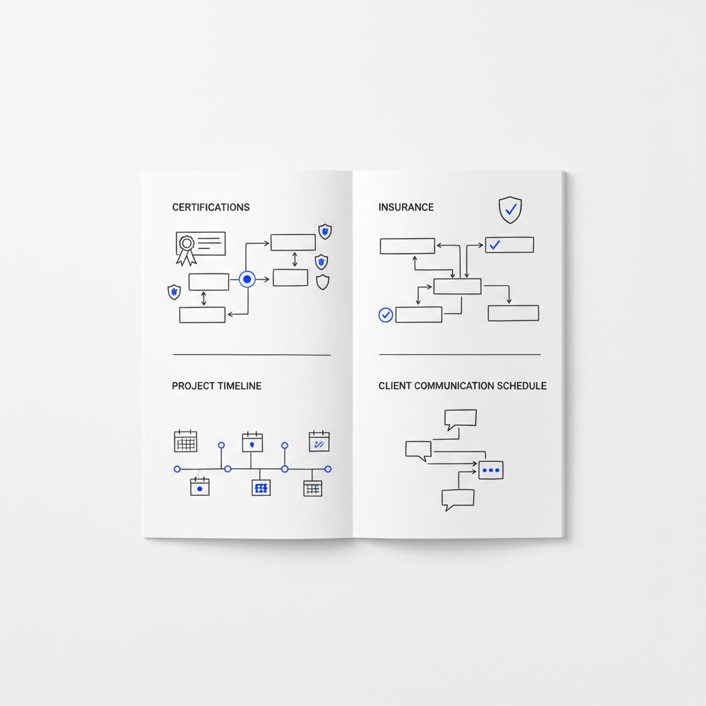 How to get commercial deals as a roofer? 2D vector top-down notebook page with minimalist workflow maps for certifications, insurance, timeline, and client communication schedule, using #39383f lines and #1a5bfb accents on white.