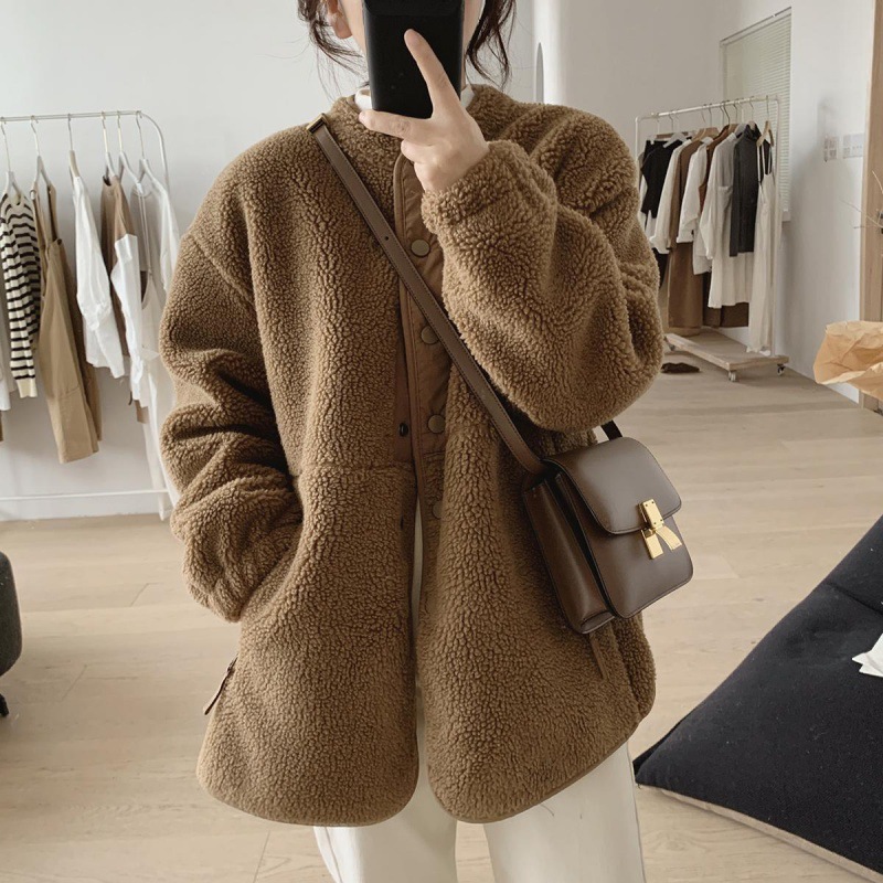 Women's Faux Shearling Jacket, Stand Collar, Lined