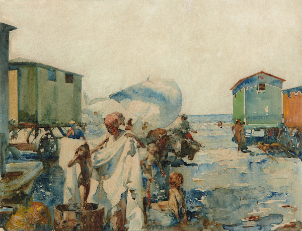 Bathing on the Beach beside the Carts c 1915