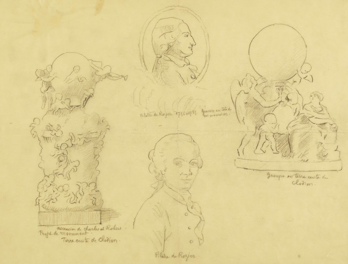Feuille détudes avec deux portraits de Pilatre de Rozier et deux terres cuites d
