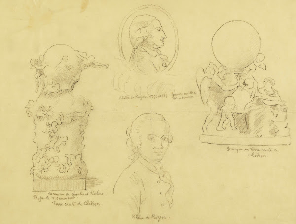 Feuille détudes avec deux portraits de Pilatre de Rozier et deux terres cuites d