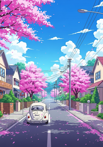 Anime Spring Street Classic Car Pink Blossoms