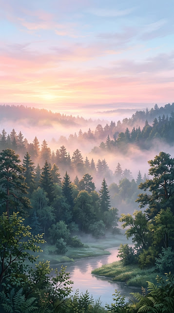 Ethereal Dawn Over Lush Forest with Misty Clouds - Free mobile Wallpaper