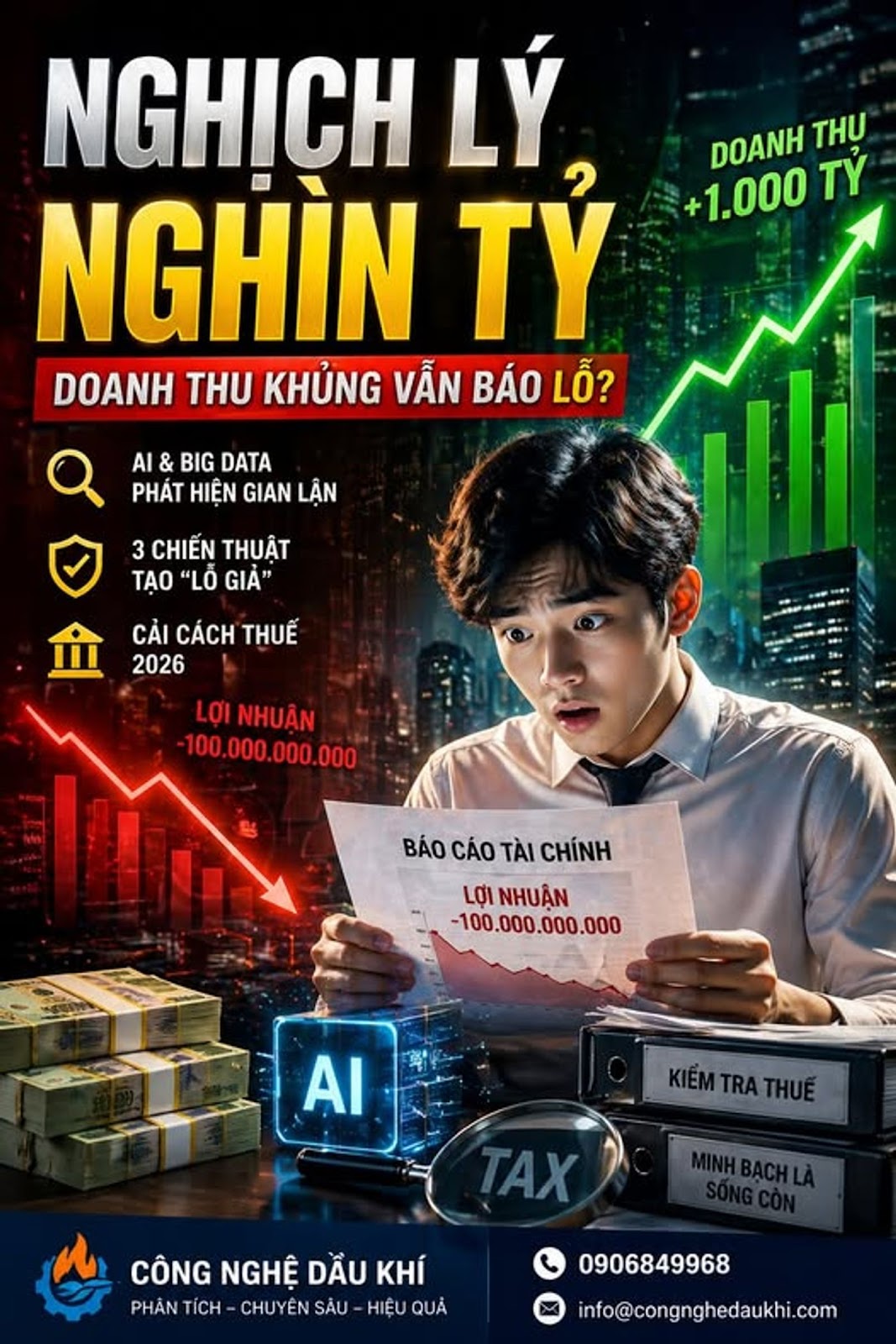 Có thể là hình ảnh về văn bản cho biết 'DOANH THU +1.000 ty NGHICH LÝ NGHÌN TY DOANH THU KHỦNG VẪN BÁO LỖ? AI & BIG DATA PHÁT HIỆN GIAN LẬN 3 CHIẾN THUẬT TẠO "LỖ GIẢ" CẢI CÁCH THUẾ 2026 LỢI NHUẬN -100.000.000.000 100.000 .000.000 참 BÁO CÁO TÀI BÁOCÁOTAICHÍNH CHÍNH LỢI NHUẬN -100.000.000.000 .000 AI KIỂMTRATHUỄ KIỂM (TAX TAX CÔNG NGHỆ DAU DÄUKHÍ KHÍ PHẦN TÍCH CHUYÊN SÂU- HIỆU QUẢ 0906849968 info@congnghedaukhi.com'