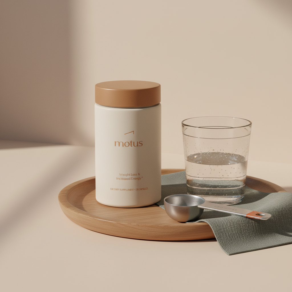Close-up of Motus supplement jar on a wooden tray with scoop and poured glass of water, minimalist wellness scene representing fat burning powders