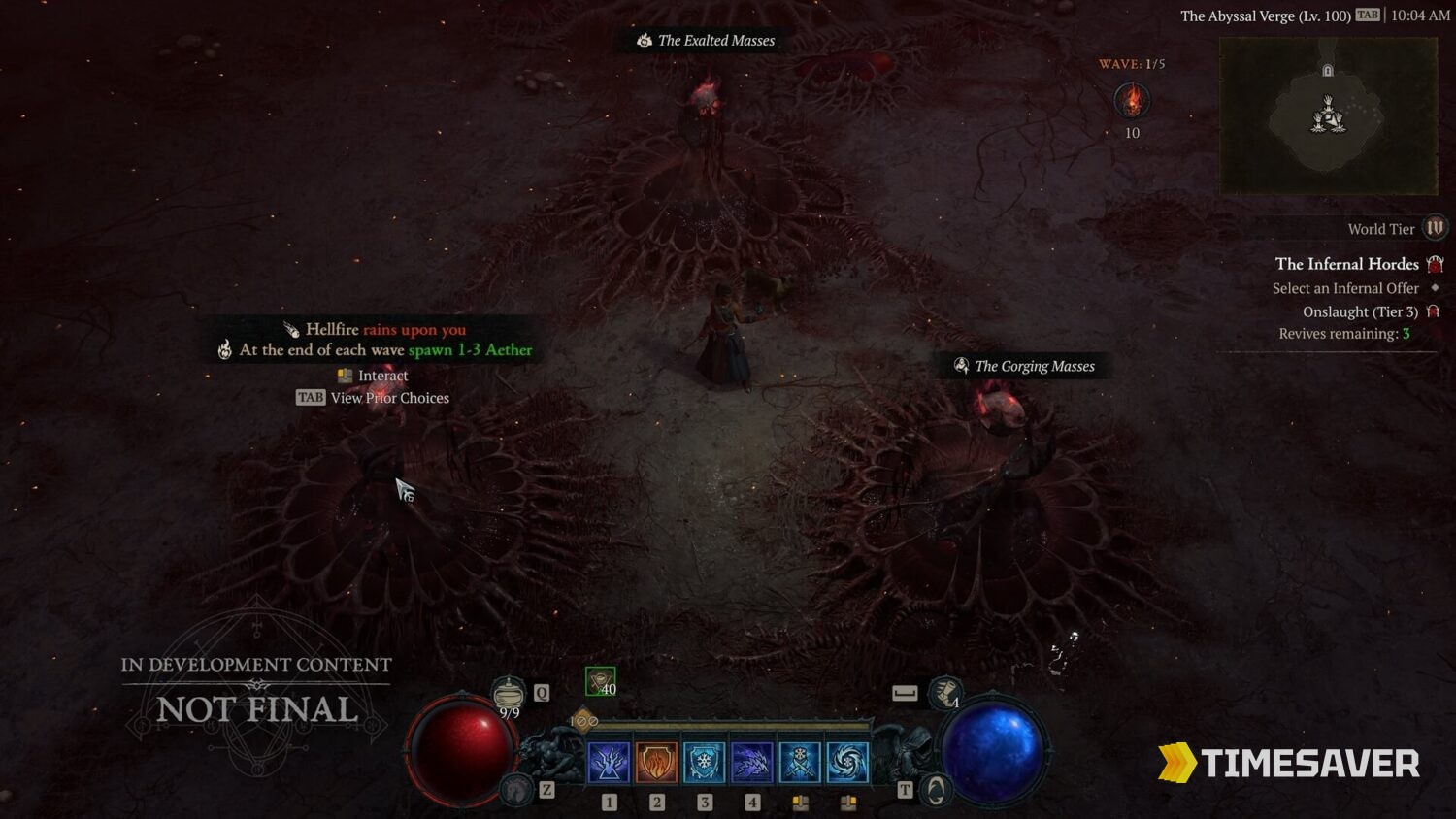 Diablo 4 Infernal Hordes wave with the Select an Infernal Offer screen — a high-density gold and gear farm