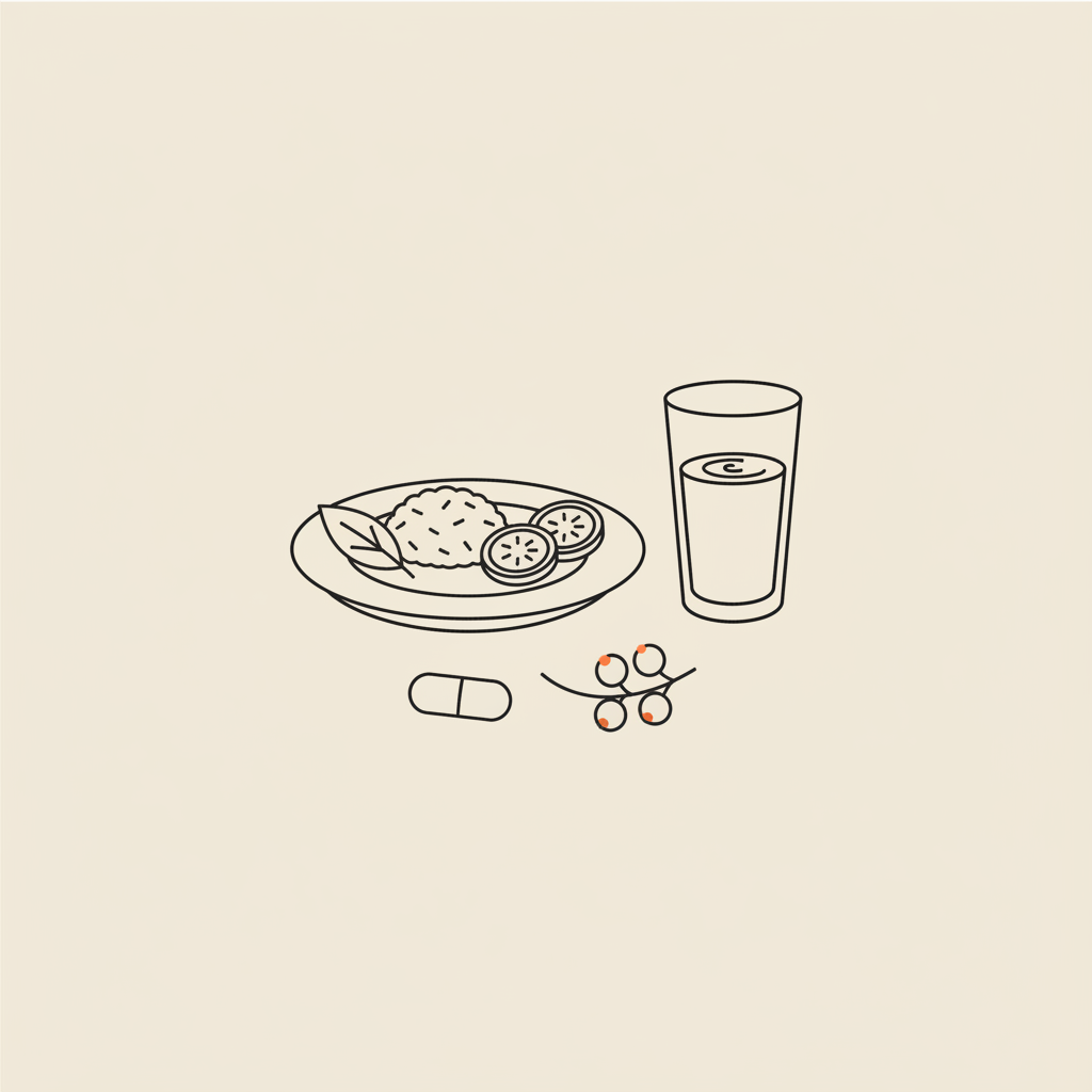 Minimal Tonum-style line illustration of a balanced plate, water glass, capsule and berry sprig on beige background — best appetite suppressant concept