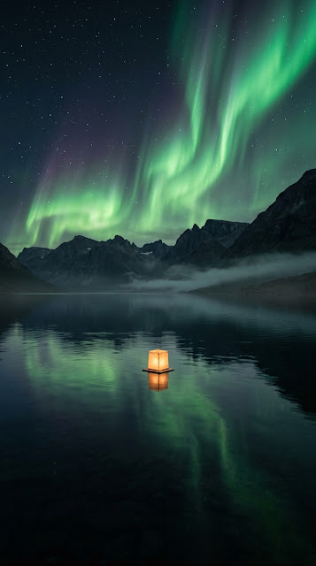 Floating Lantern on Alpine Lake under Northern Lights - Free mobile Wallpaper
