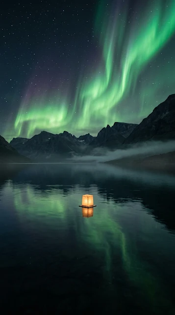 Floating Lantern on Alpine Lake under Northern Lights