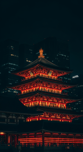 Dramatic Night View of a Traditional Singapore Buddhist Temple Against Modern City Skyline - Free mobile Wallpaper