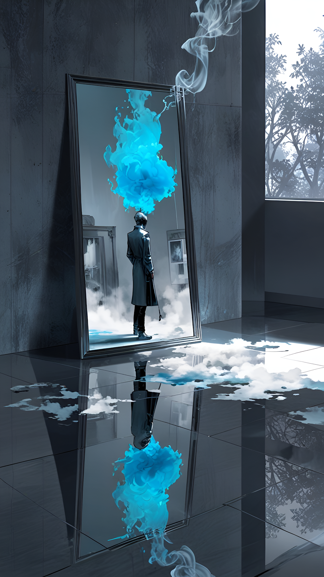 Surreal Reflection Man Blue Flame Mirror Art - Free 4K mobile Wallpaper