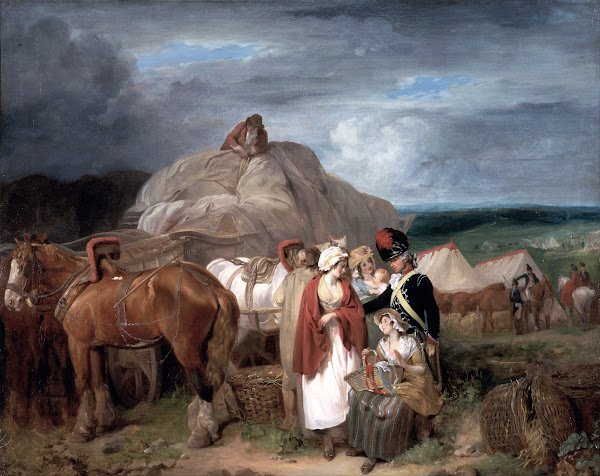 Soldier With Country Women Selling Ribbons Near A Military Camp