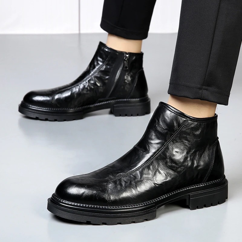 Men's leather boots with zipper, lined