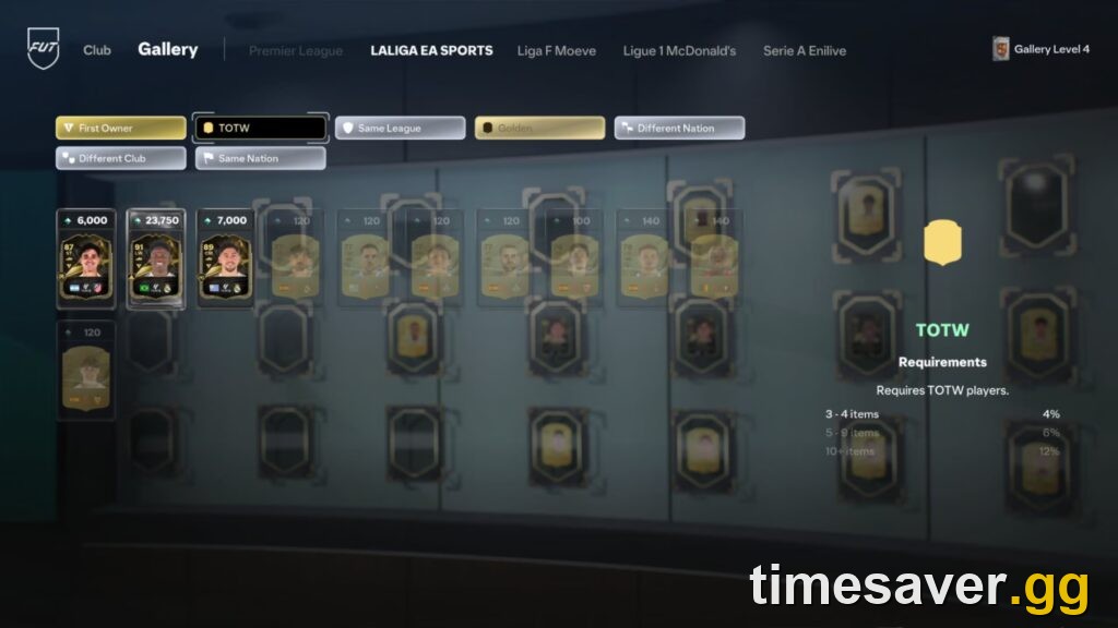 FC 27 FUT Gallery Sets interface showing League Sets, Tags and Gallery Level