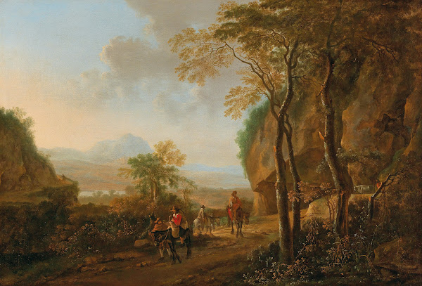 An Italianate landscape with travellers