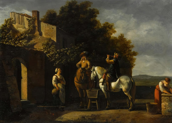 Cavaliers On Horseback Resting Outside An Inn With A Courtyard Beyond