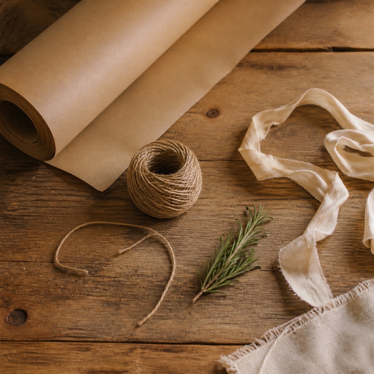 things I stopped buying simple living — brown kraft wrapping paper and twine on a wooden table