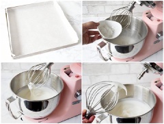 Lót giấy nến vào khay nướng, mở lò trước 10 phút ở 180 độ C. Bên âu lòng trắng cho nước cốt chanh, muối rồi dùng máy đánh trứng đánh tốc độ thấp 10 giây cho lòng trắng tan, nổi bong bóng to. Sau đó cho từ từ phần đường còn lại vào, tăng tốc độ máy và đánh đến khi hỗn hợp bông cứng, nhấc que lên thấy tạo chóp là được.
