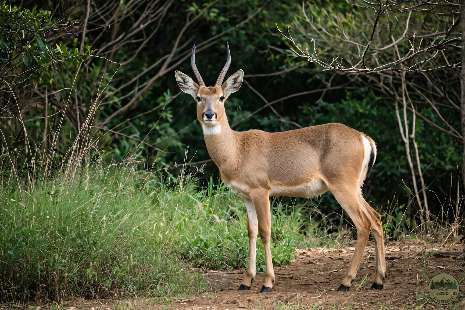 A reedbuck standing alert in tall grass