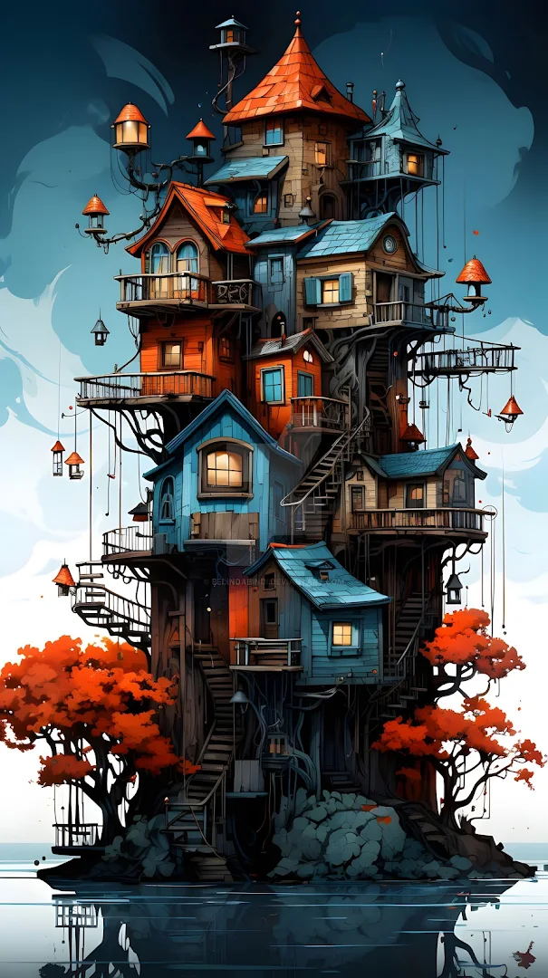Intricate Fantasy Treehouse Village Over Water
