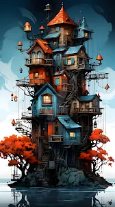 Intricate Fantasy Treehouse Village Over Water