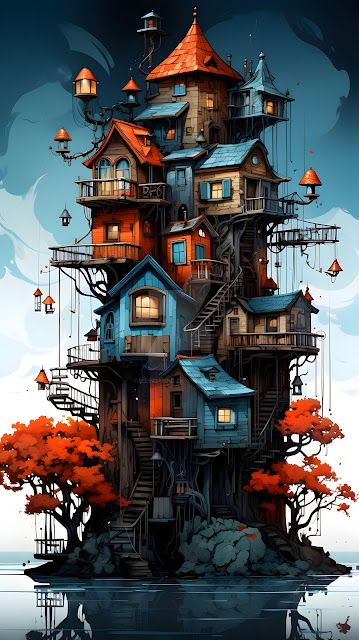 Intricate Fantasy Treehouse Village Over Water - Free mobile Wallpaper