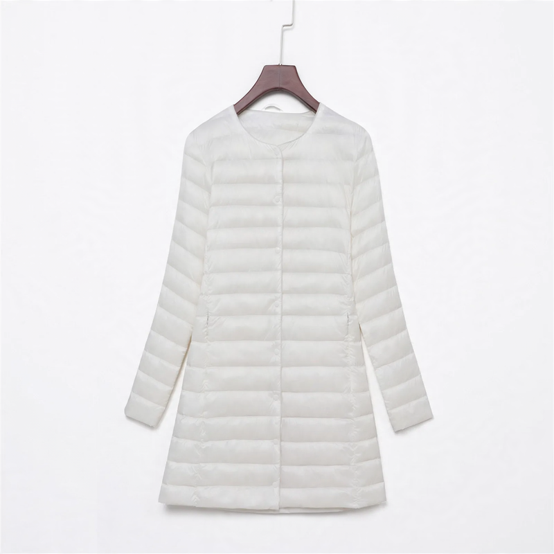 Lightweight women's down jacket, mid-length, with button placket