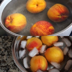 Đào rửa sạch vỏ, cho vào nồi nước cùng 1 muỗng cà phê muối, luộc sơ qua khoảng 5 phút. Sau đó, vớt trái đào ra, ngâm vào tô nước có thêm đá viên.