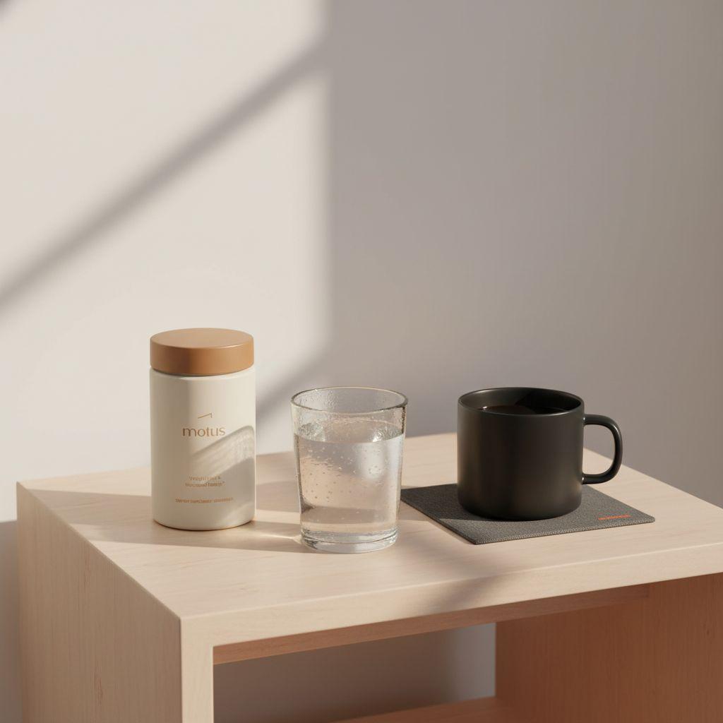 Minimalist bedside scene with Motus jar, glass of water and black coffee mug in soft morning light — what to drink first thing in the morning to reduce belly fat