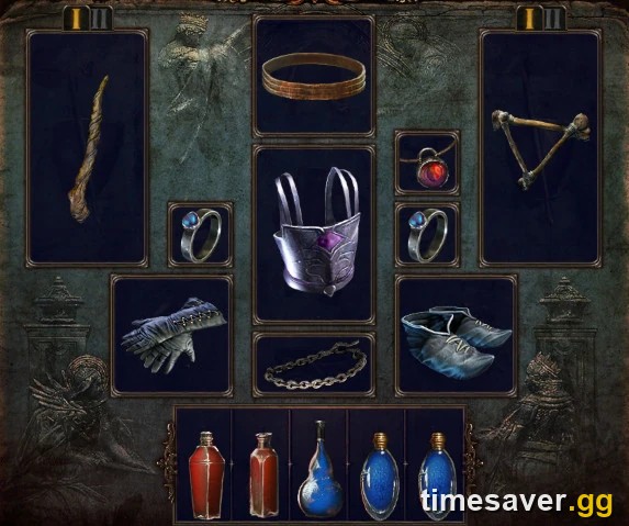 The Path of Exile character equipment screen showing every gear slot a Mercenary can be equipped with in 3.29
