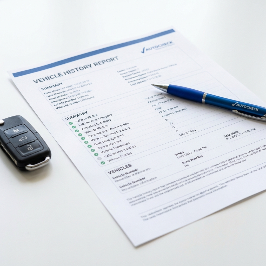Close up of a printed vehicle history report next to car keys and a blue pen representing online car buying process