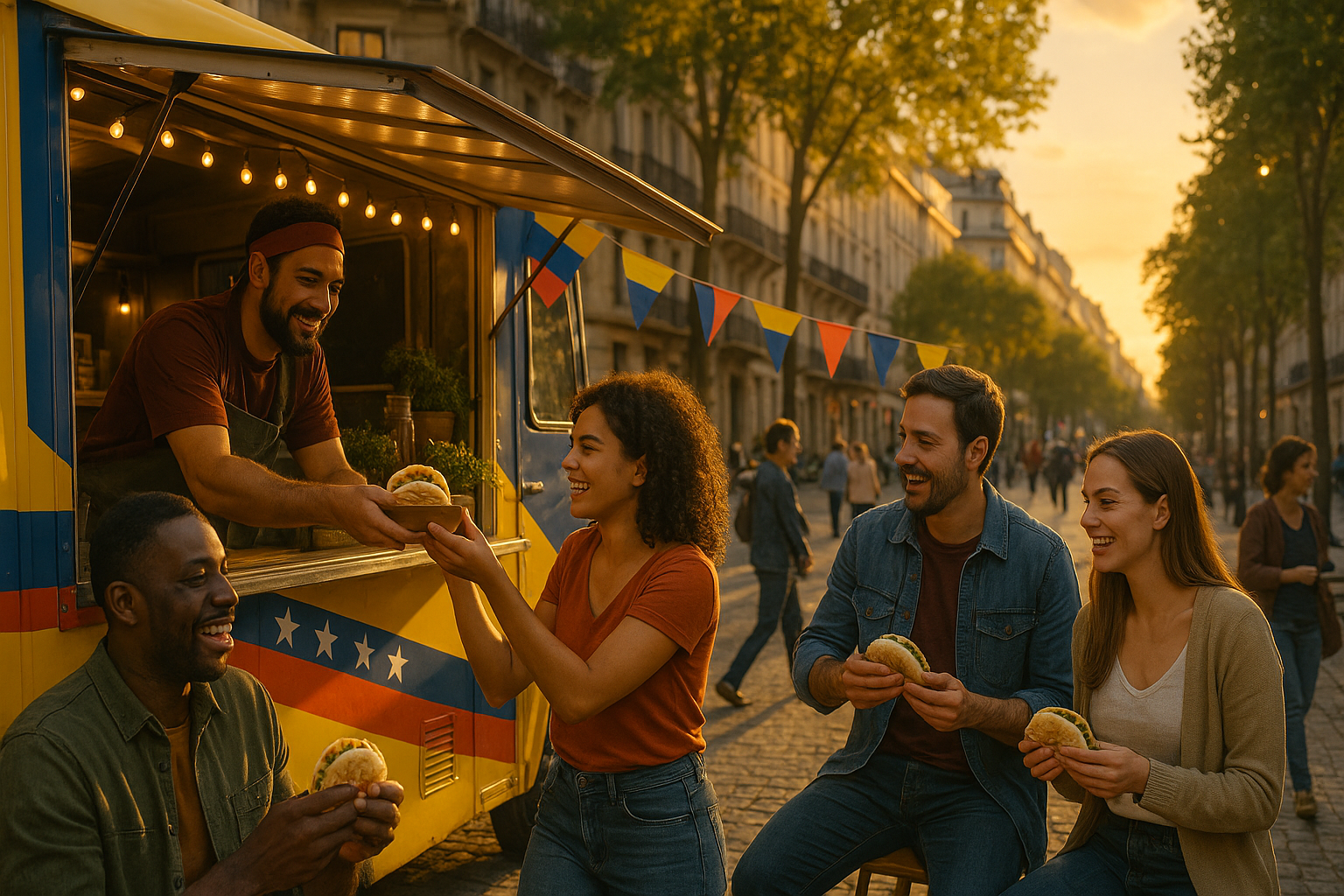 Arepera móvil venezolana en una calle europea con gente reunida