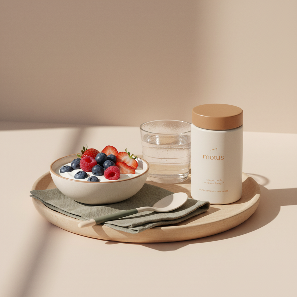 Motus supplement jar on a wooden tray with Greek yogurt, berries and a glass of water on beige background, minimalist breakfast scene — how do i speed up my metabolism for weight loss