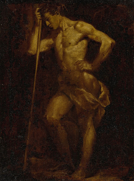 Nude academic sketch of a man holding a staff en brunaille