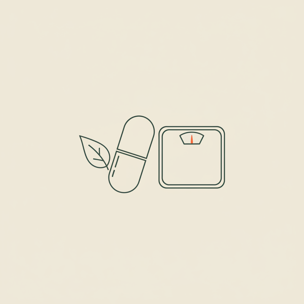 Minimal Tonum-style vector line illustration of a capsule, leaf, and stylized scale on beige background, representing take berberine for weight loss