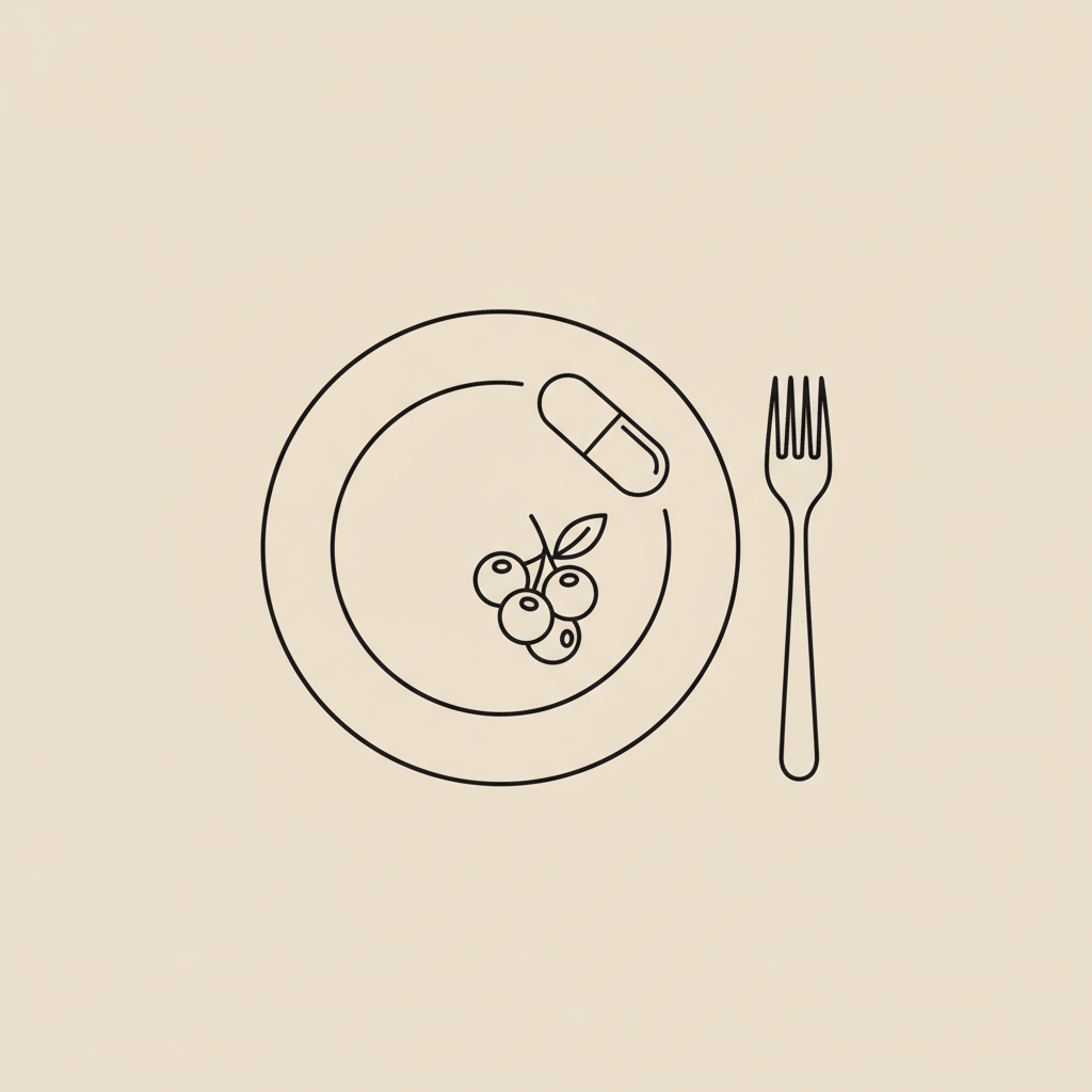 Minimal Tonum-style line illustration of plate, fork, capsule and berries on beige background for meal replacement shakes for weight loss