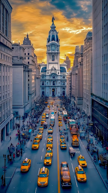 Philadelphia City Hall and Broad Street Traffic at Sunset - Free mobile Wallpaper