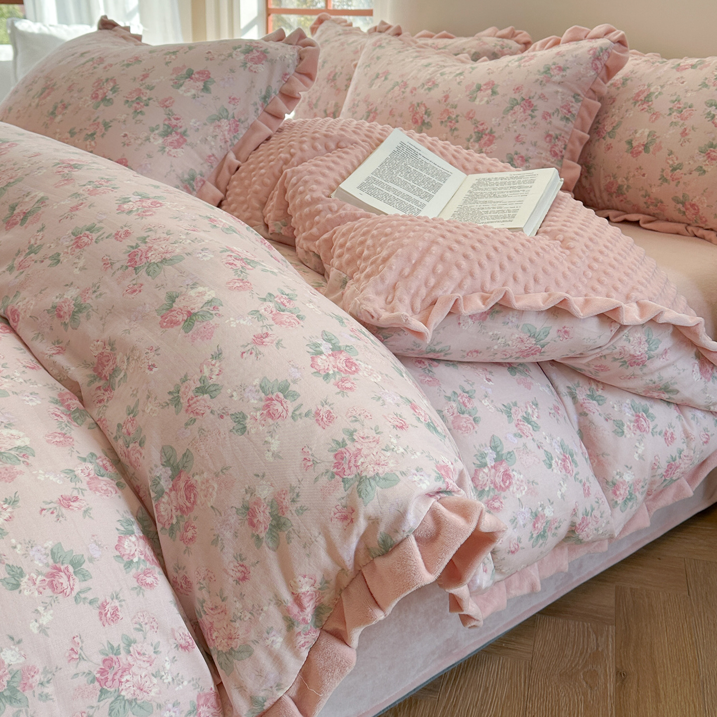 Cotton bedding set, double-layered, with fleece inside