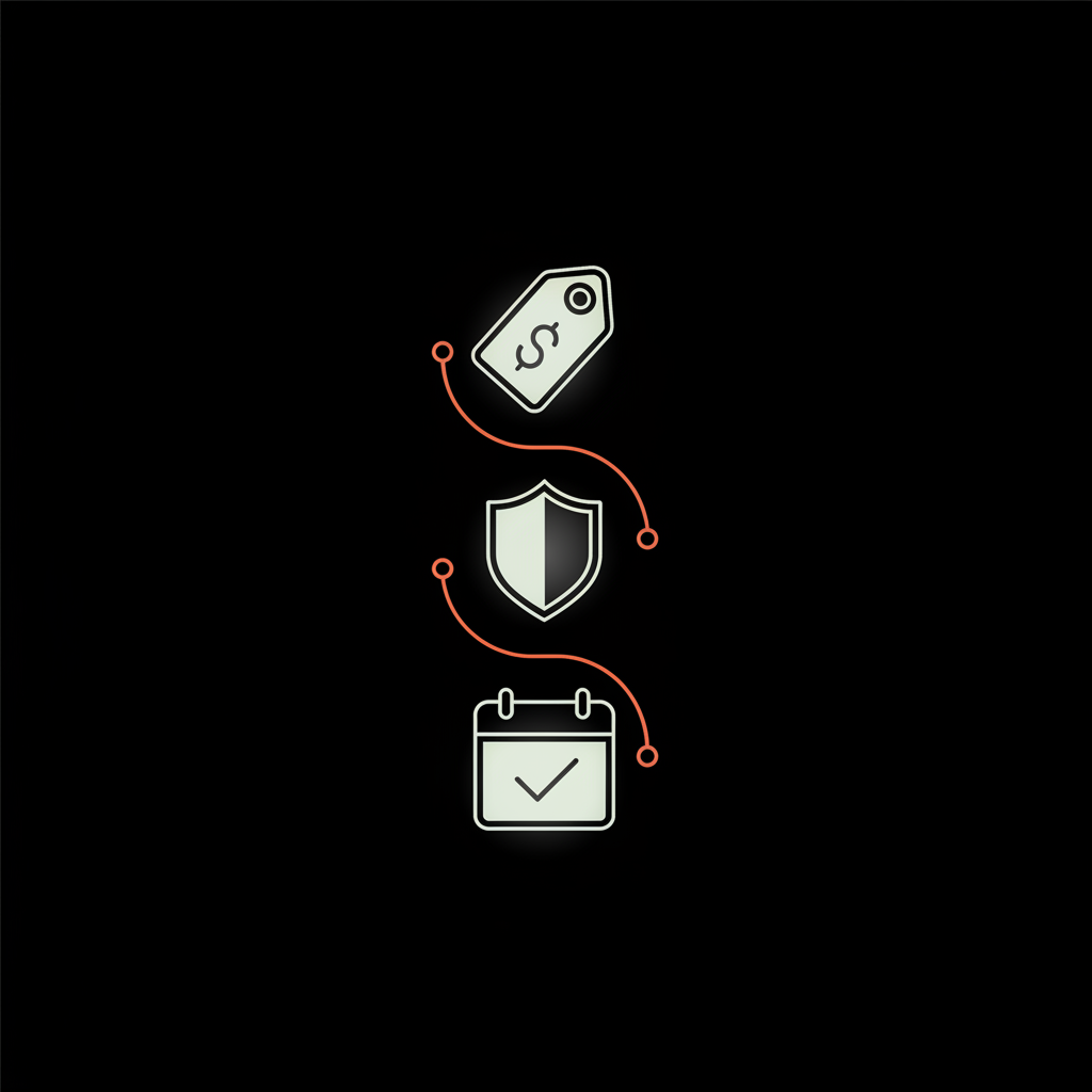 Minimalist full-frame vector infographic on black background with three vertical icons (price tag, shield, calendar) and subtle #dc5c2b accents illustrating Twitter verification cost.