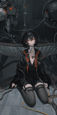 Anime, Anime Girls, Wires, Black Hair, Red Eyes 4K Wallpaper