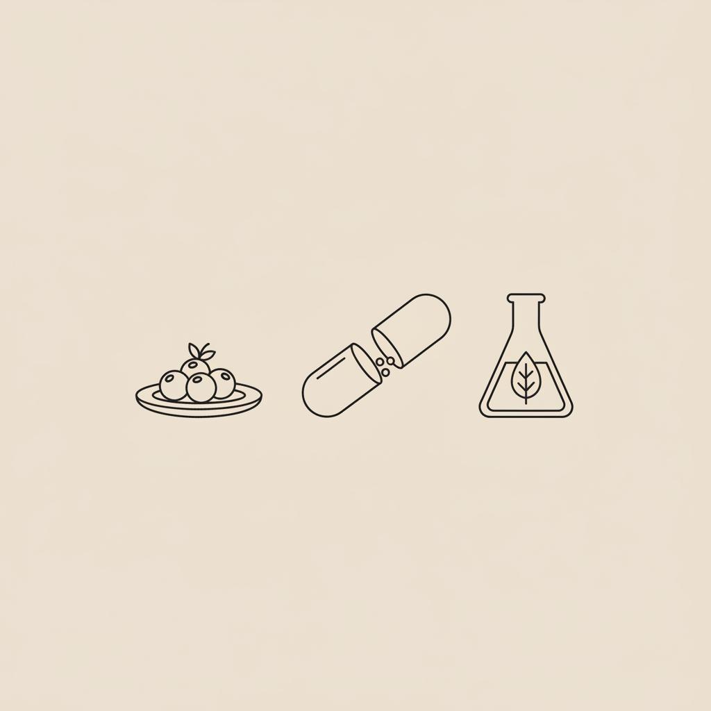 Minimal Tonum-style vector illustration of a capsule, a small plate with berries, and a lab flask with a leaf on beige background — supplements to lower blood sugar