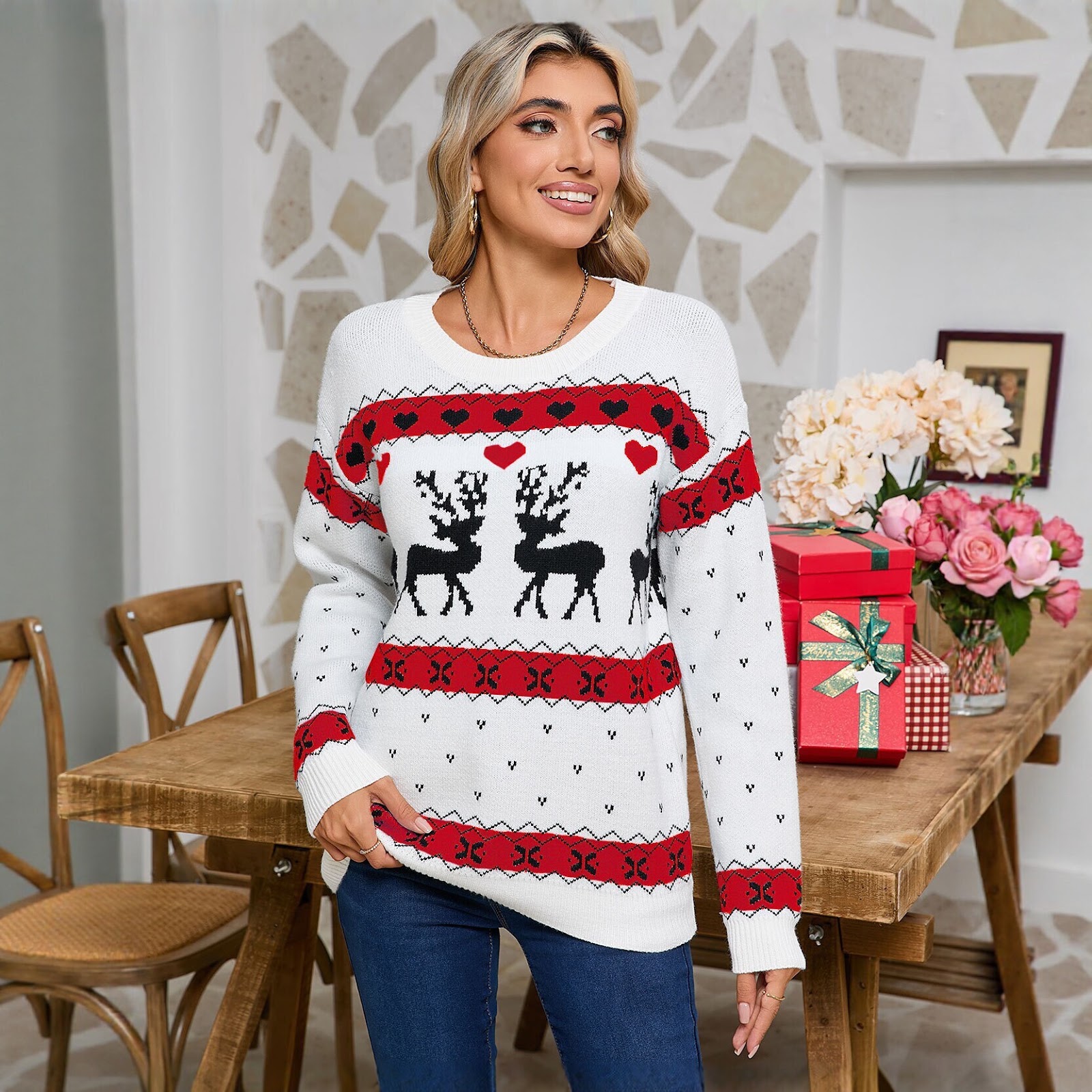Women's Christmas Sweater with Reindeer Motif