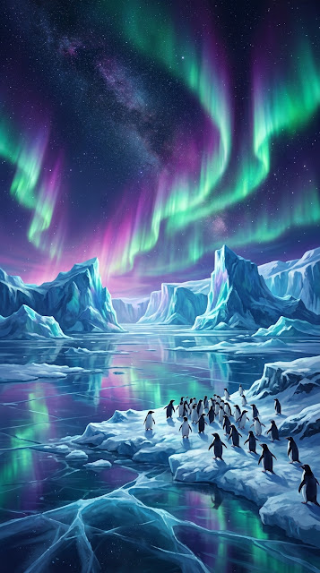 Arctic Landscape with Northern Lights Icebergs and Penguins - Free mobile Wallpaper