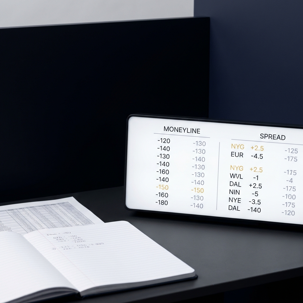 Close up of betting odds board showing moneyline and spread figures with notebook and spreadsheet in foreground for broncos chargers prediction