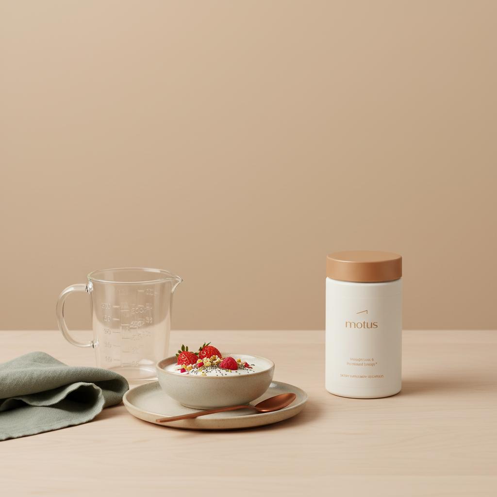 Tonum Motus container on a tidy beige kitchen counter with a measured glass jug and a nutrient-dense snack bowl, illustrating prescription appetite loss support in a minimalist scientific lifestyle scene.