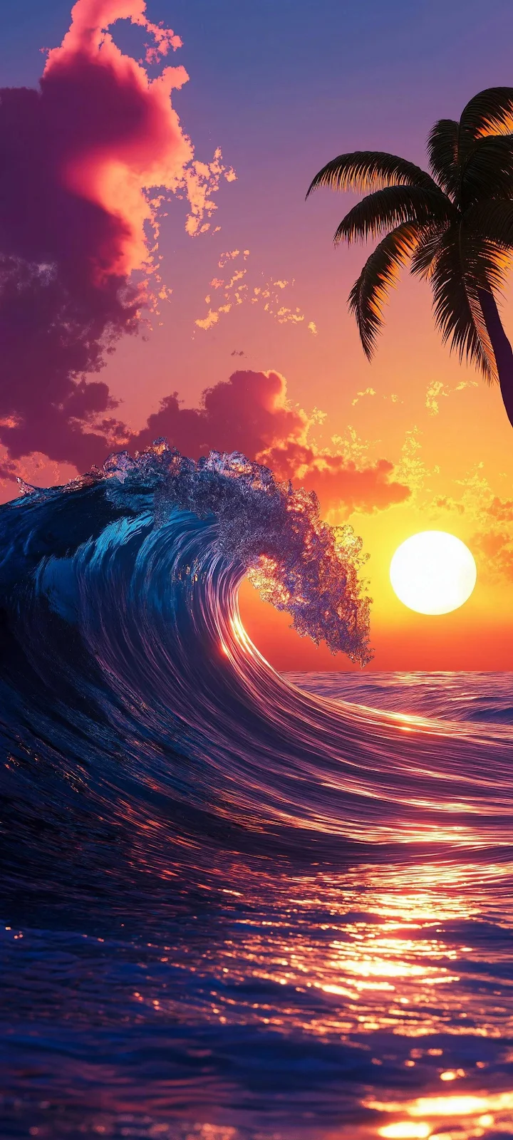 Dramatic Ocean Wave Sunset Scene - Vibrant Digital Art 2K iPhone Wallpaper (1469x3264)