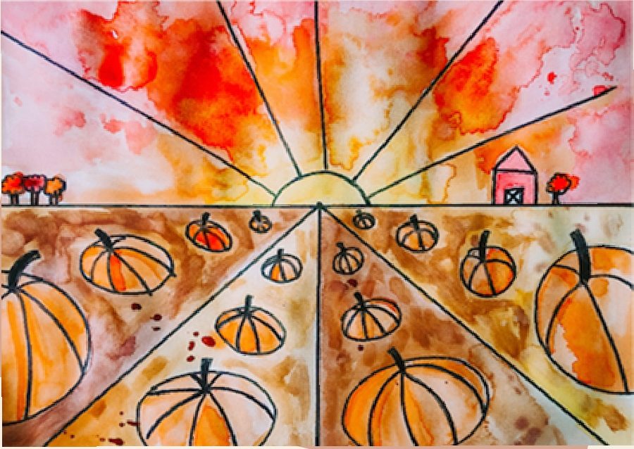 A watercolor demonstration piece of a pumpkin patch drawn in one-point perspective with radiating horizon rays
